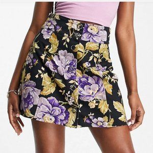 ASOS Mini Skirt in Floral Print - Purple & Gold - Size 2